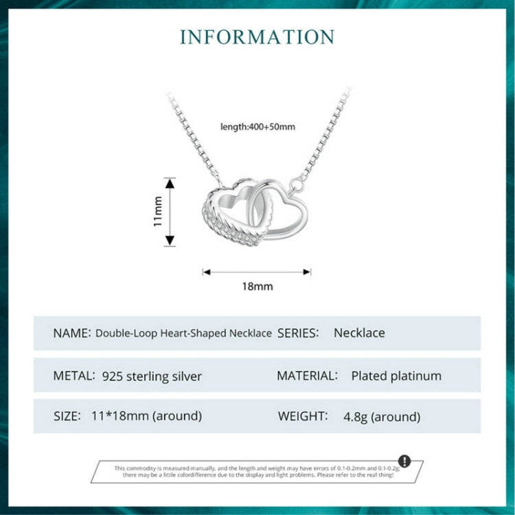 BSN339 Sterling Silver S925  Zircon Dual Ring Heart Interlocking Necklace