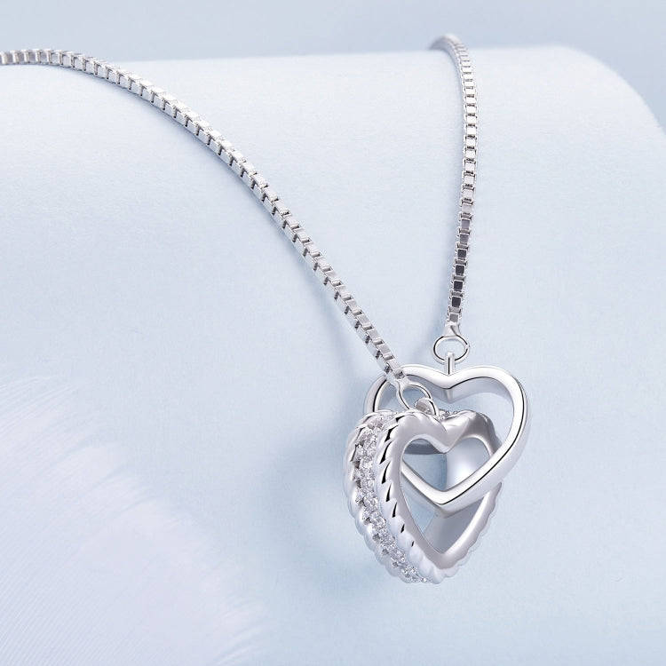 BSN339 Sterling Silver S925  Zircon Dual Ring Heart Interlocking Necklace