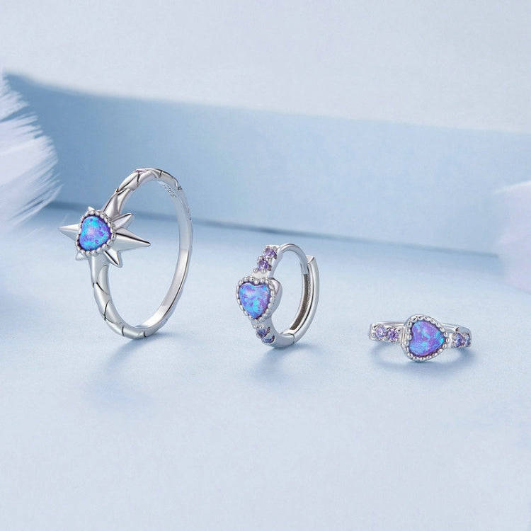 ZHS312 Sterling Silver S925 Platinum Plated Zircon Opal Earrings & Star Ring Set