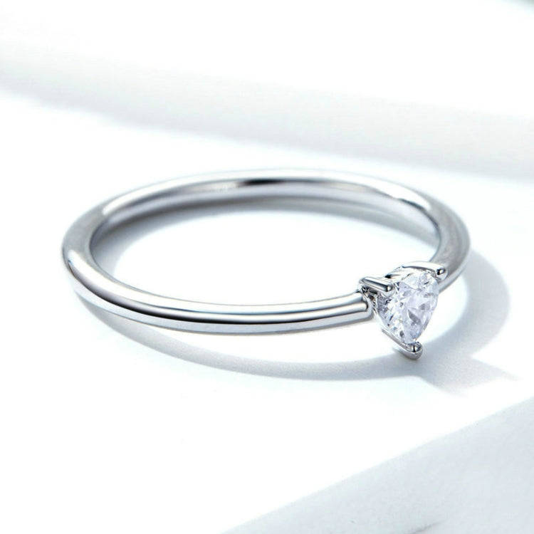 S925 Sterling Silver Ring Platinum Plated Heart Clear Ring, Size: 8 US Size