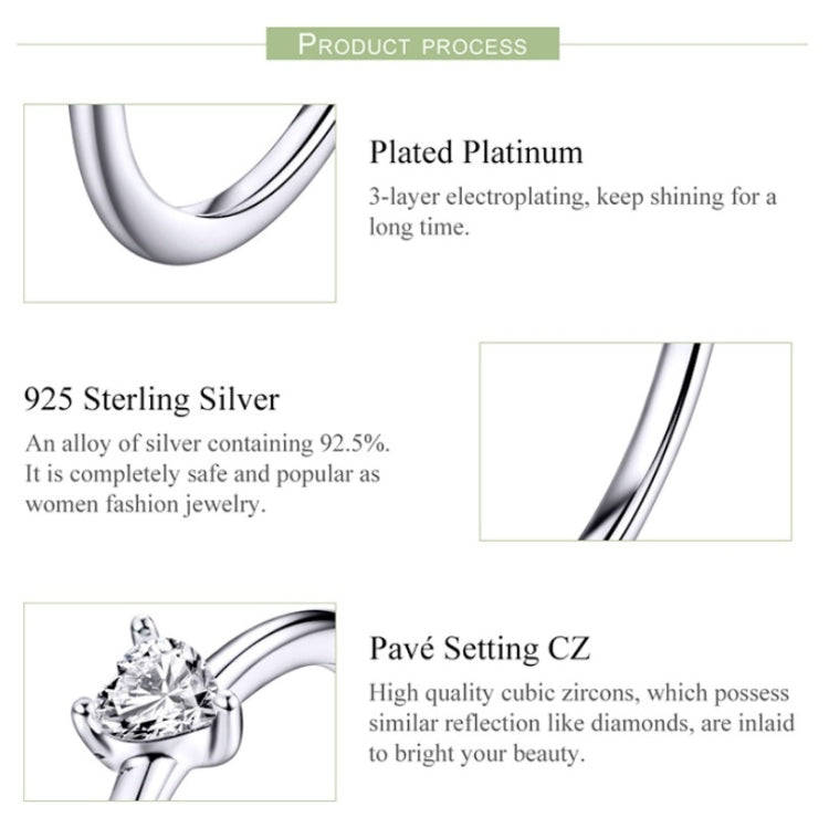 S925 Sterling Silver Ring Platinum Plated Heart Clear Ring, Size: 8 US Size