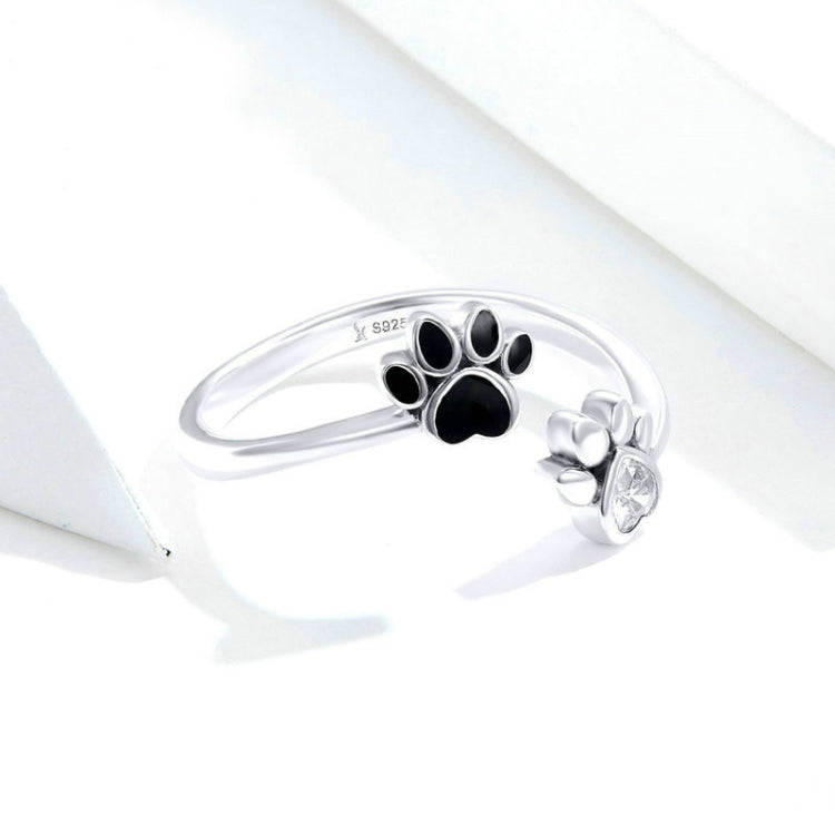 S925 Sterling Silver Cute Pet Paw Print Open Ring Black Dripping Ring