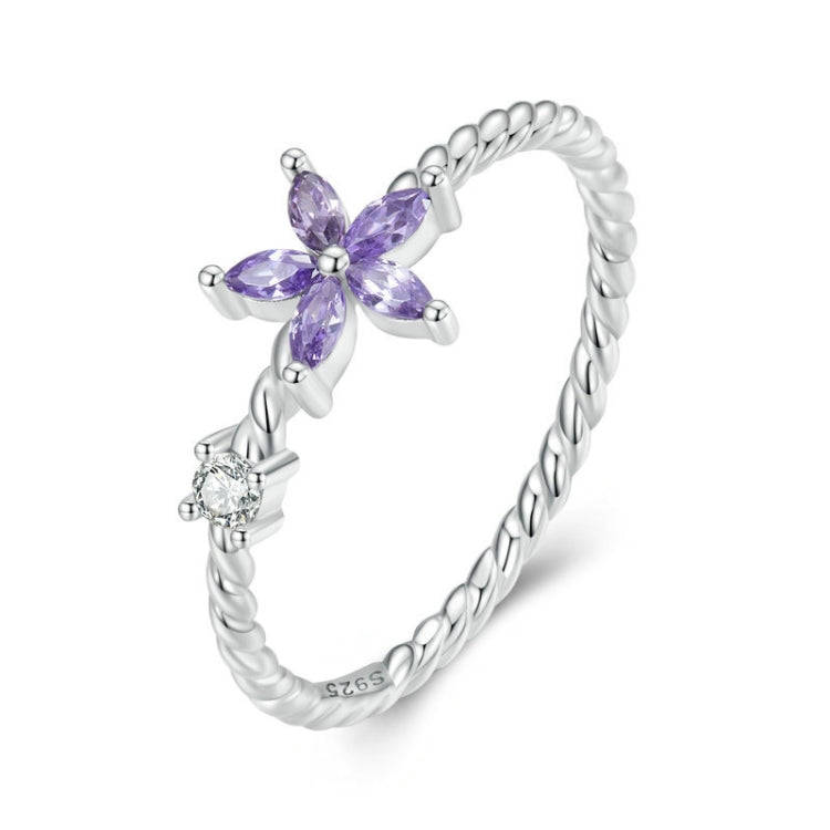 BSR326 Sterling Silver S925 Geometric Zirconia Purple Flower  Ring(No.6)