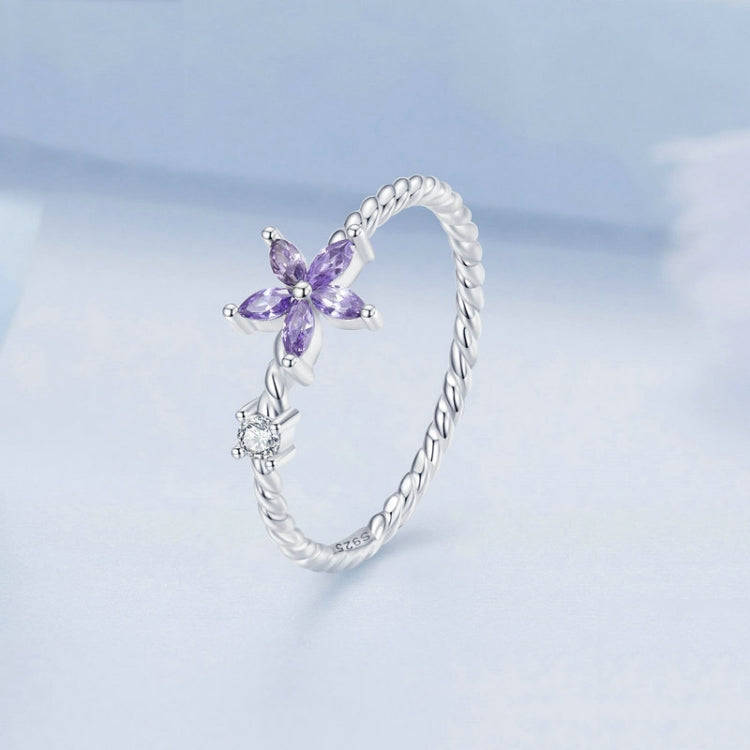 BSR326 Sterling Silver S925 Geometric Zirconia Purple Flower  Ring(No.6)