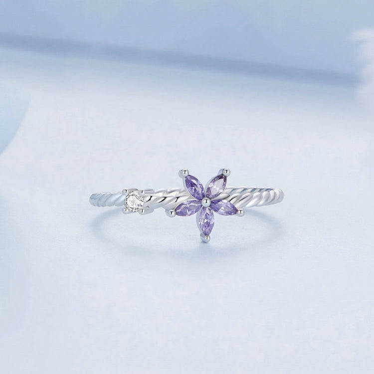 BSR326 Sterling Silver S925 Geometric Zirconia Purple Flower  Ring(No.6)