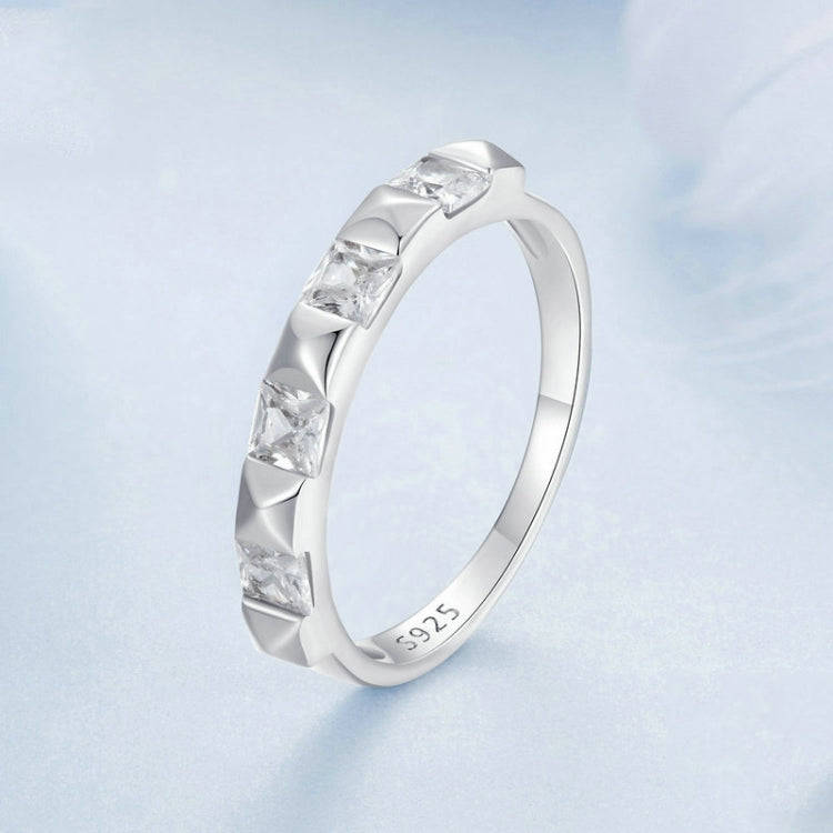 S925 Sterling Silver Platinum Plated Sparkling Simple Rivet Ring, Size: No.6(BSR530)