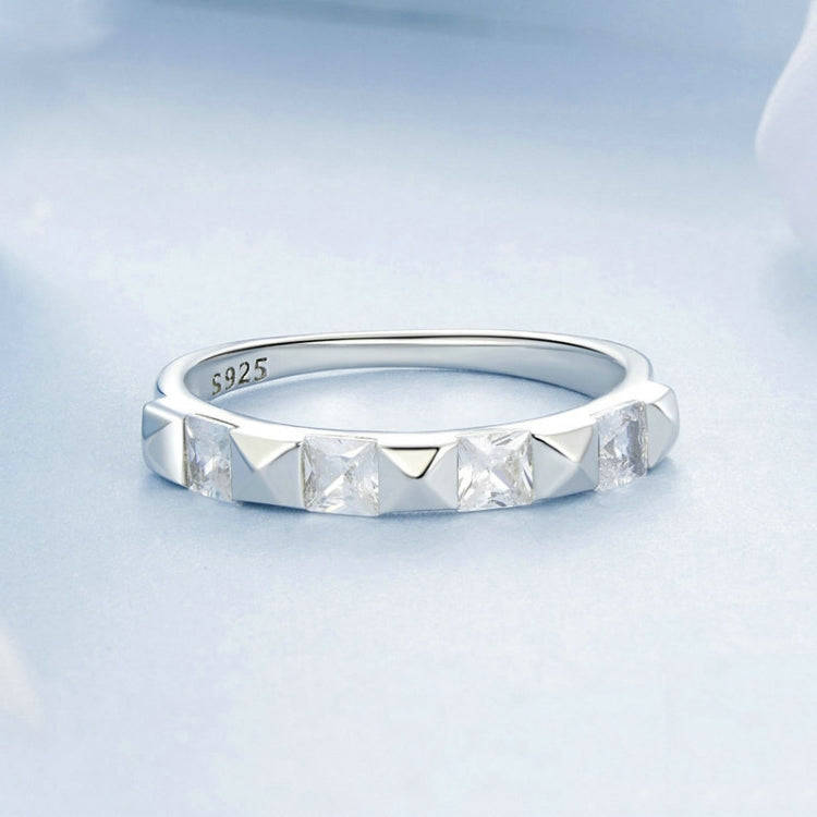 S925 Sterling Silver Platinum Plated Sparkling Simple Rivet Ring, Size: No.6(BSR530)