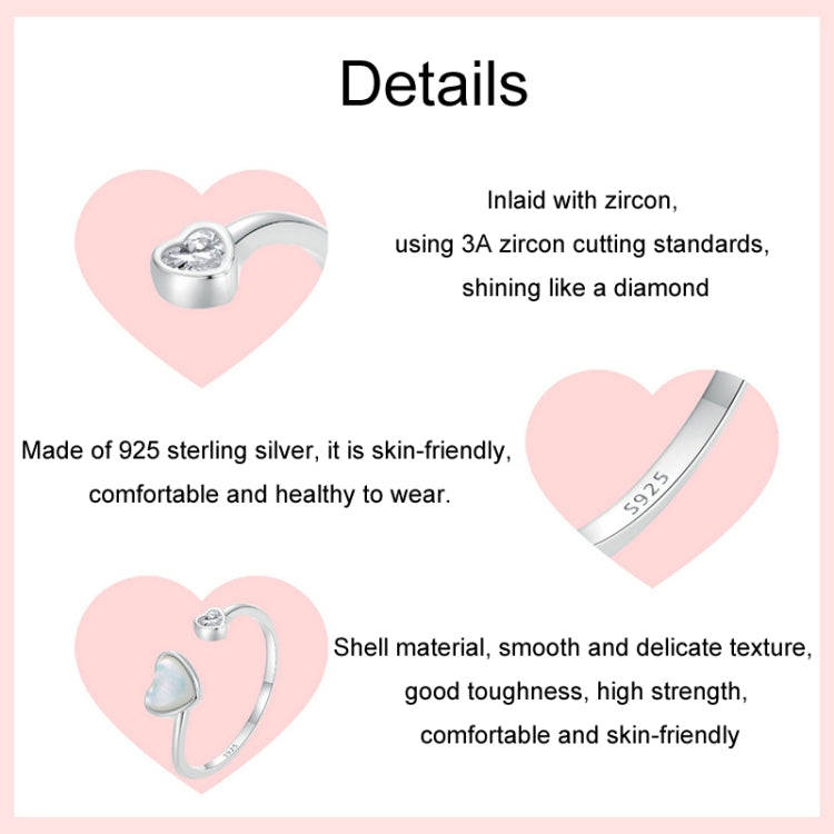 S925 Sterling Silver Platinum-plated White Shell Love Adjustable Open Ring(BSR520-E)