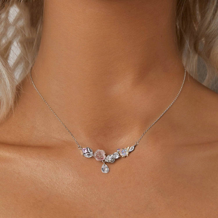 S925 Sterling Silver Platinum Plated Fantasy Butterfly Flower Necklace(SCN521)