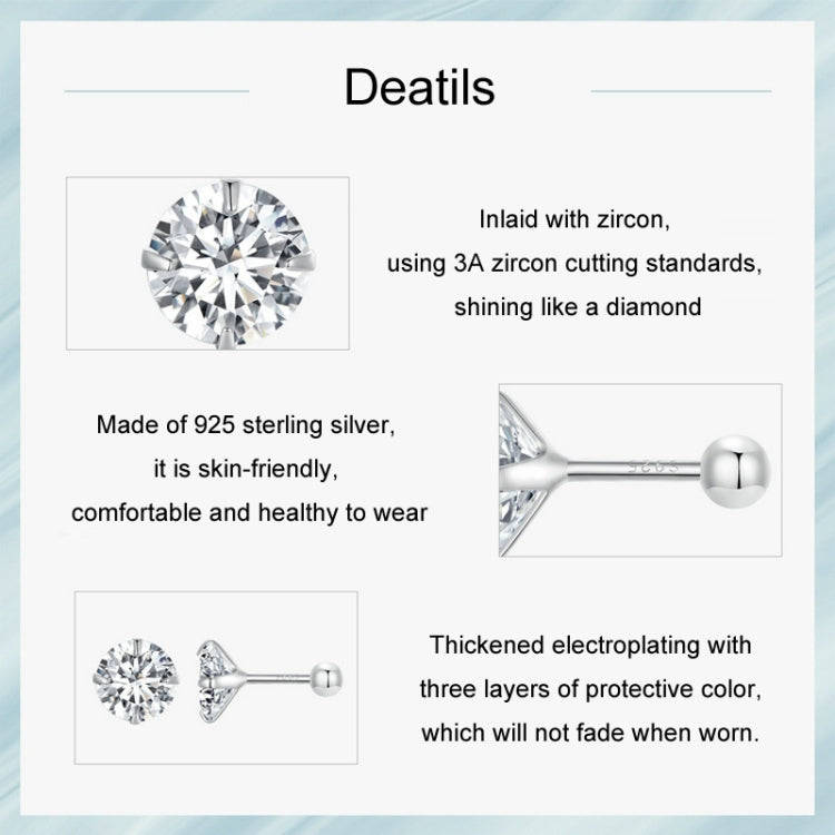 S925 Sterling Silver Platinum Plated Zircon Stud Earrings Jewelry, Color: White Zirconia M
