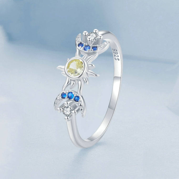 S925 Sterling Silver Platinum Plated Sun Moon Surround Ring, Size: No. 8