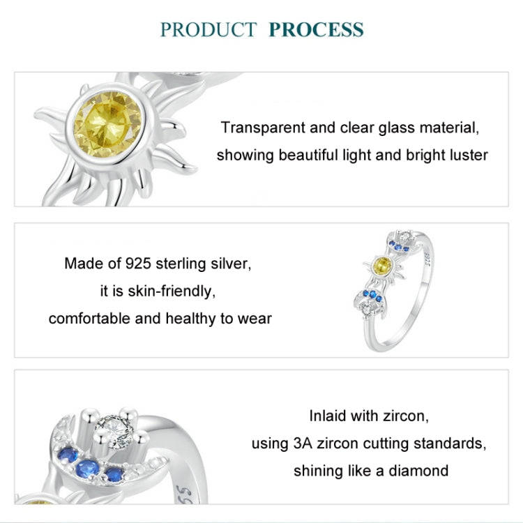 S925 Sterling Silver Platinum Plated Sun Moon Surround Ring, Size: No. 7