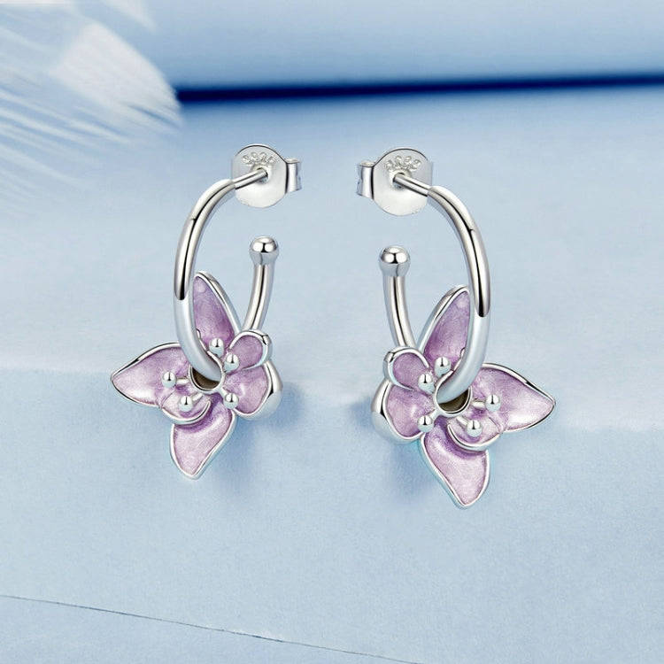 S925 Sterling Silver Platinum Plated Purple Flower Stud Earrings(BSE976)