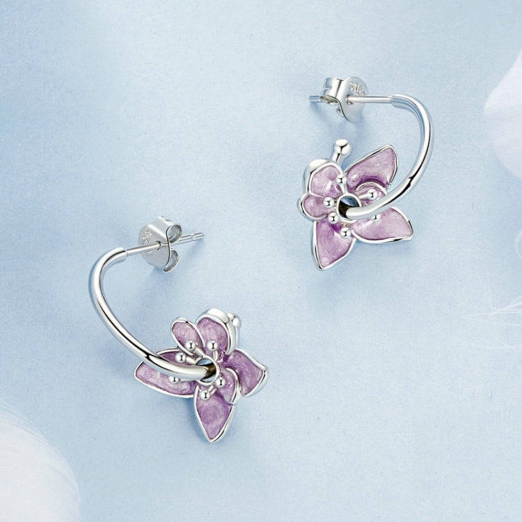 S925 Sterling Silver Platinum Plated Purple Flower Stud Earrings(BSE976)
