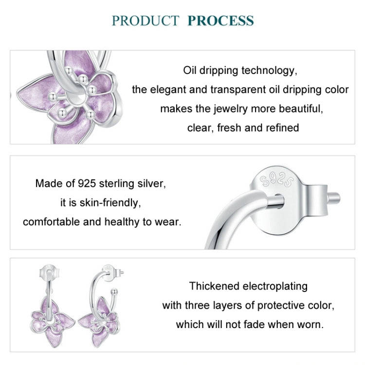 S925 Sterling Silver Platinum Plated Purple Flower Stud Earrings(BSE976)