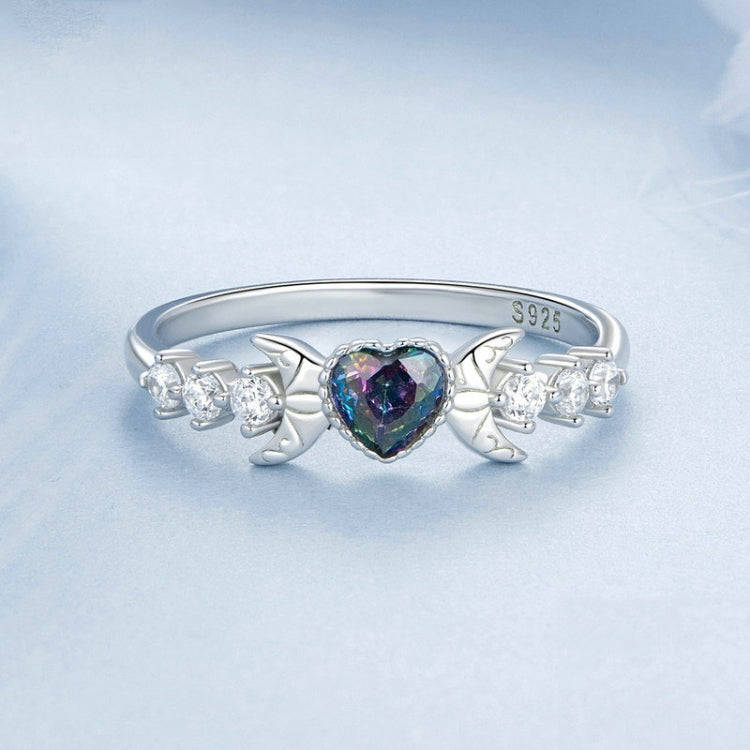 S925 Sterling Silver With Platinum-plated Vintage Heart-shaped Crescent Ring, Size: No.8