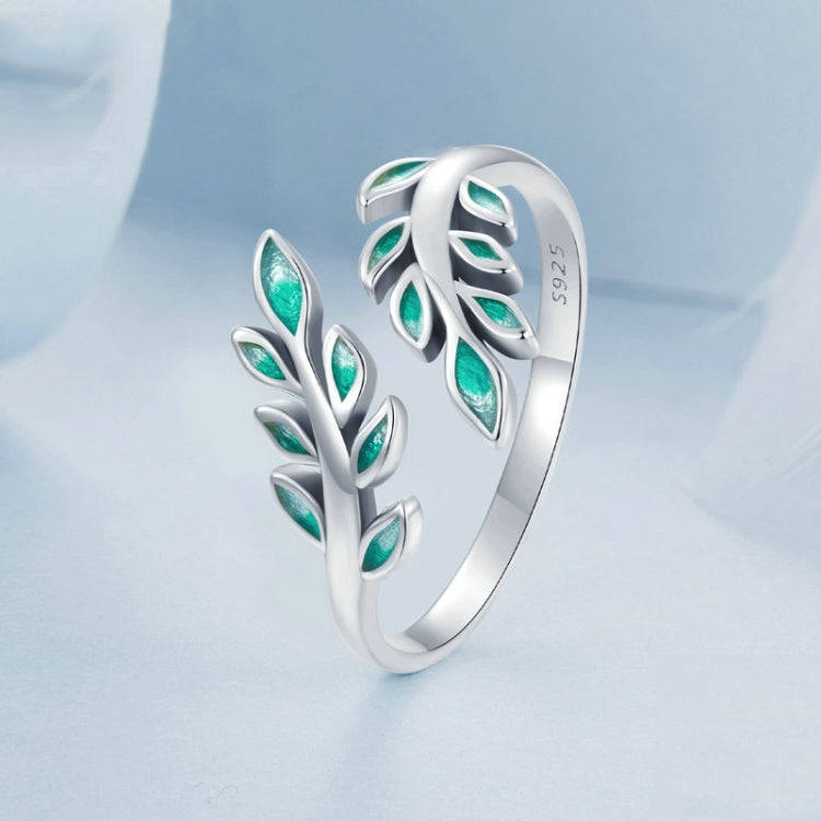 S925 Sterling Silver Green Leaf Open Adjustable Ring(BSR542-E)