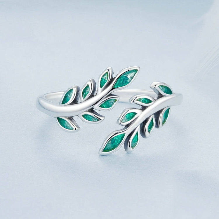 S925 Sterling Silver Green Leaf Open Adjustable Ring(BSR542-E)