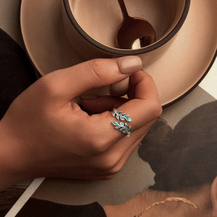 S925 Sterling Silver Green Leaf Open Adjustable Ring(BSR542-E)