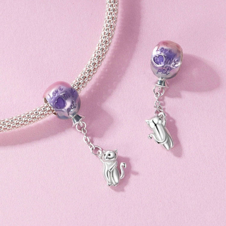 S925 Sterling Silver Cute Hot Air Balloon Cat Beads Jewelry Pendant(SCC2881)