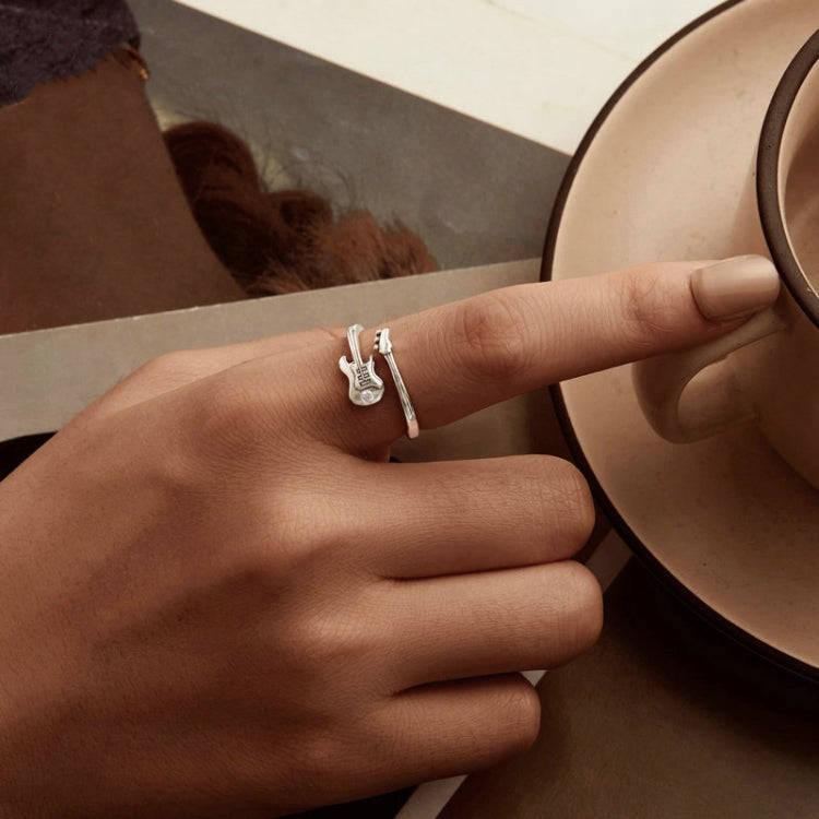 S925 Sterling Silver Oxidized Guitar-shaped Ring Opening Ring Jewelry(SCR1042-E)