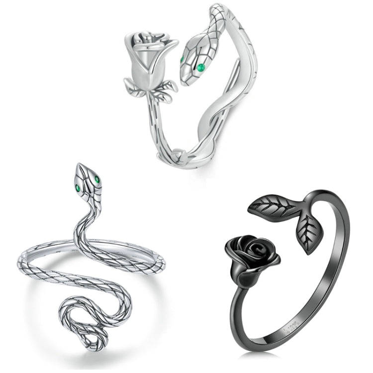 S925 Sterling Silver Platinum-plated Snake Rose Open Ring, Model: BSR199
