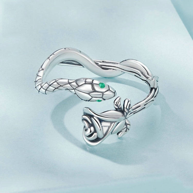 S925 Sterling Silver Platinum-plated Snake Rose Open Ring, Model: BSR199