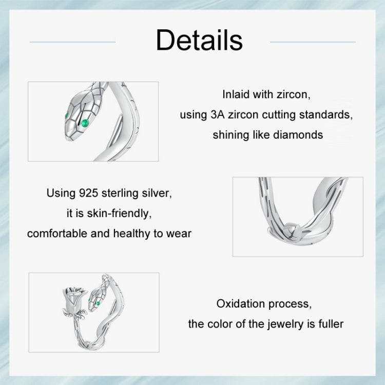 S925 Sterling Silver Platinum-plated Snake Rose Open Ring, Model: BSR199