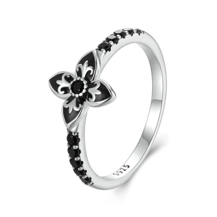 SCR1075 S925 Sterling Silver Oxidized Retro Elegant Black and White Flower Ring(7)