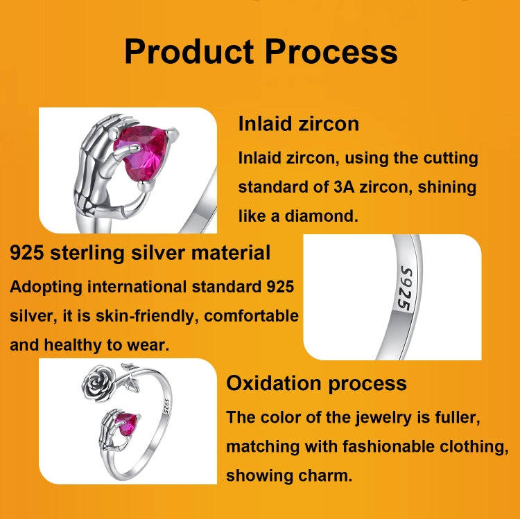 S925 Sterling Silver Rose Skull Hand Open Ring Adjustable Ring(BSR606-E)