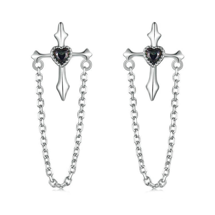 S925 Sterling Silver Platinum-plated Crcross Chain Tassel Earrings(SCE1808)