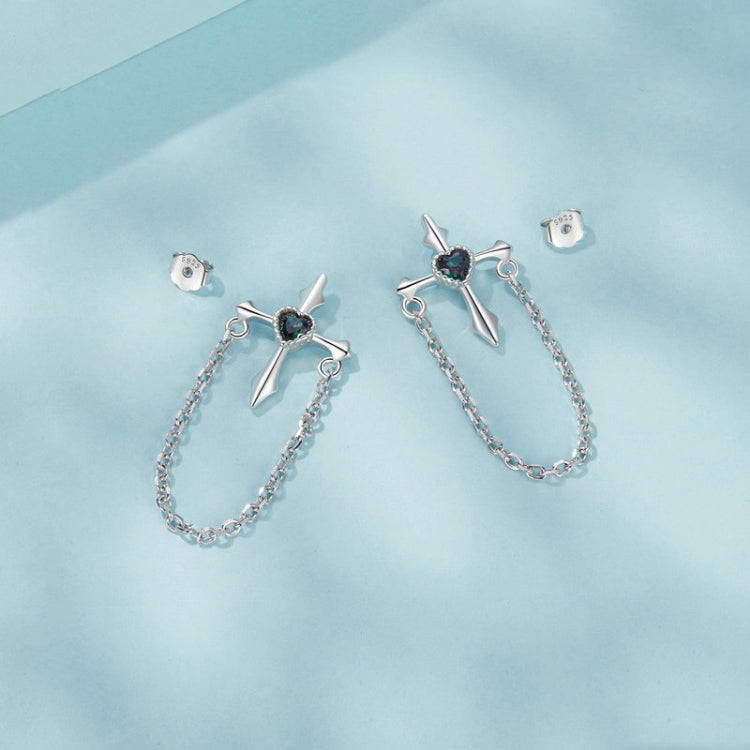S925 Sterling Silver Platinum-plated Crcross Chain Tassel Earrings(SCE1808)
