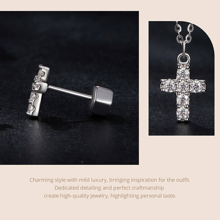 S925 Sterling Silver Platinum-plated Cross Moissanite Necklace Earring Set(Set)
