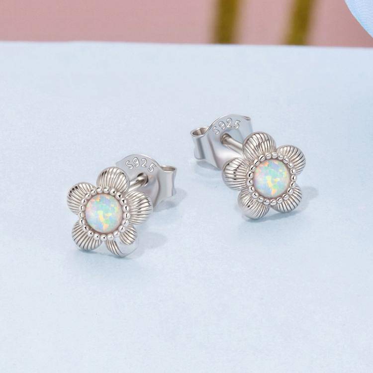 S925 Sterling Silver Platinum-Plated Opal Flower Earrings Plant Earrings(BSE1169)