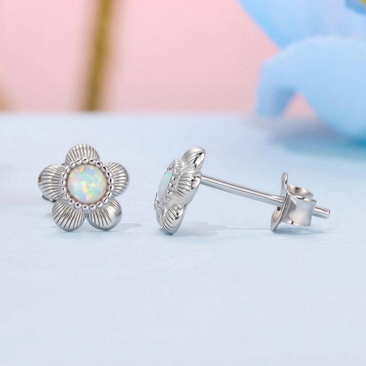 S925 Sterling Silver Platinum-Plated Opal Flower Earrings Plant Earrings(BSE1169)