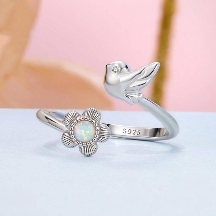 S925 Sterling Silver Elegant Flower and Bird Open Adjustable Ring(BSR658-E)
