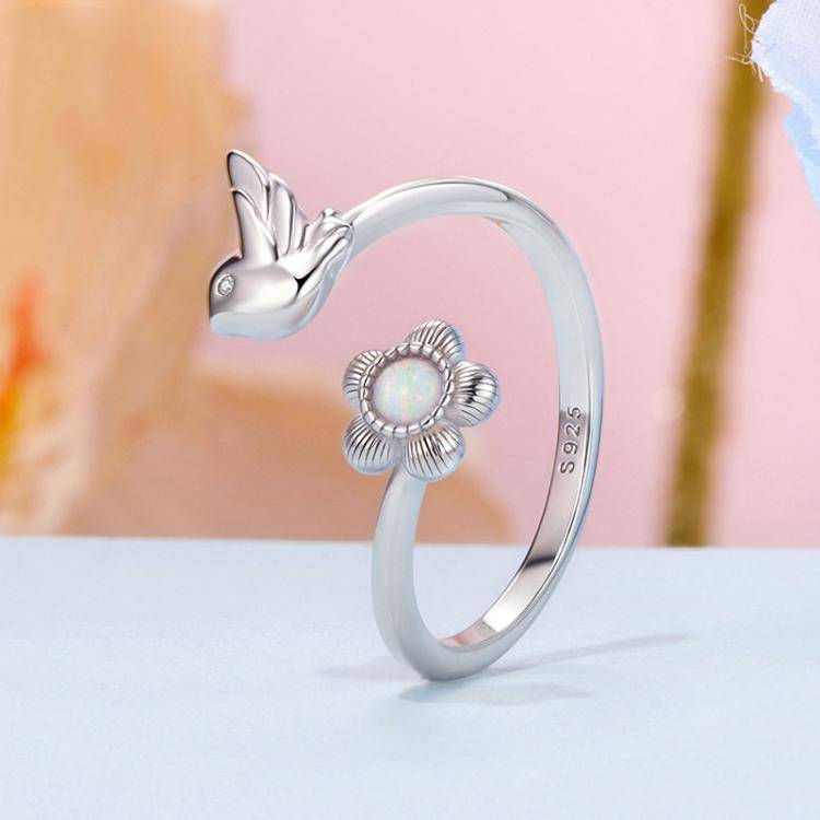 S925 Sterling Silver Elegant Flower and Bird Open Adjustable Ring(BSR658-E)
