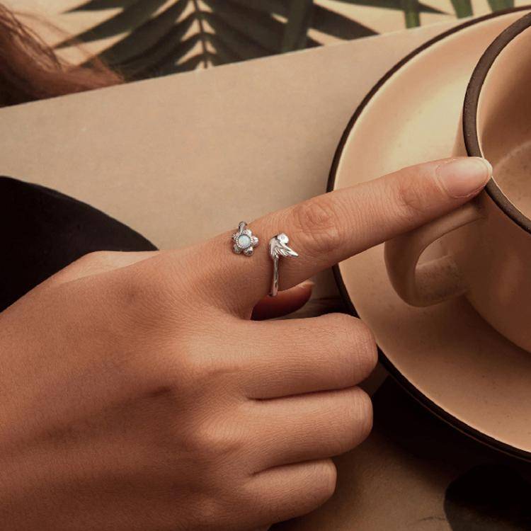S925 Sterling Silver Elegant Flower and Bird Open Adjustable Ring(BSR658-E)