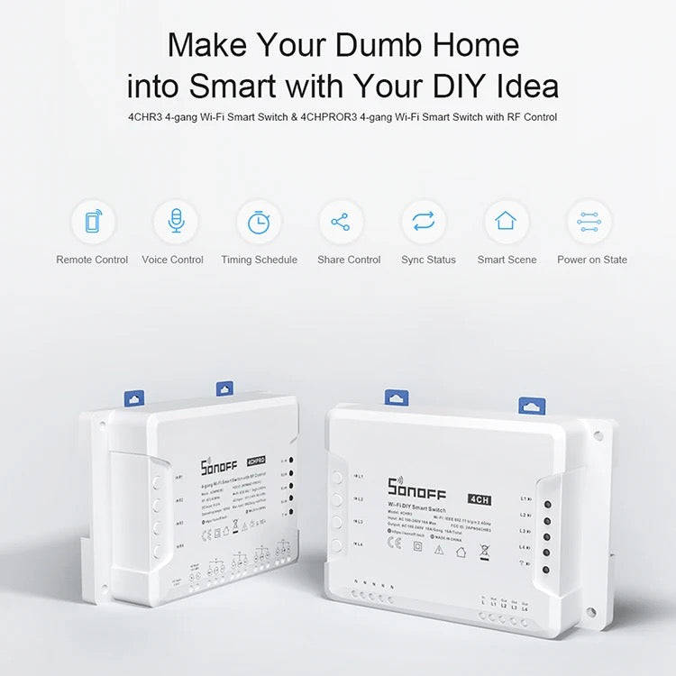 4 Way Remote Smart Home WiFI Switch Auto Wireless APP Control