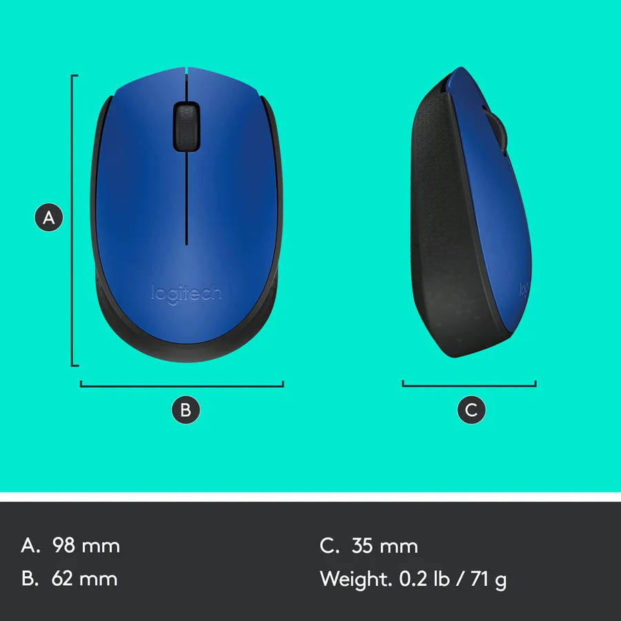 Logitech M170 Wireless Mouse, Ambidextrous, Optical, RF Wireless, 1000 DPI, Blue