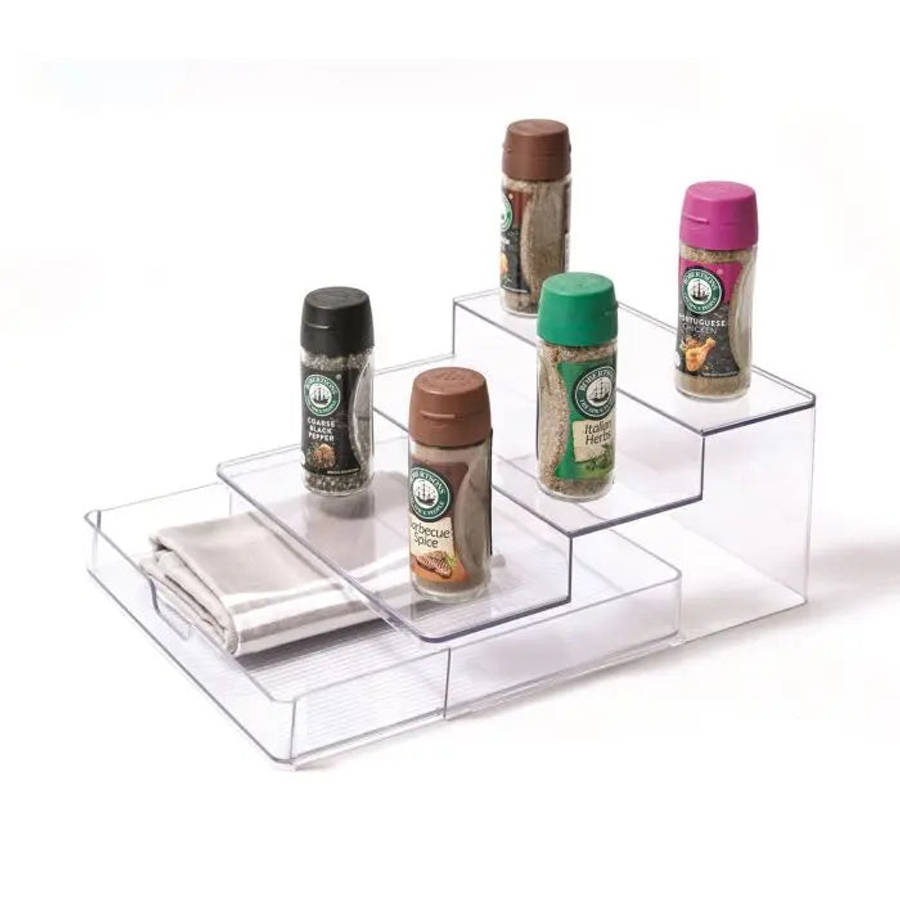 Storage Rack, 3 Tier, Stepped with Drawer, Transparent, 263mm x 280mm x 130mm