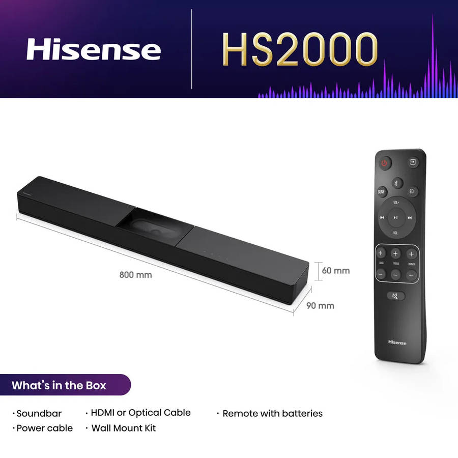 Hisense HS2000, 2.1 channels, 240 W, DTS Virtual:X, Dolby Digital, Dolby Digital Plus, 20 kHz, 24...