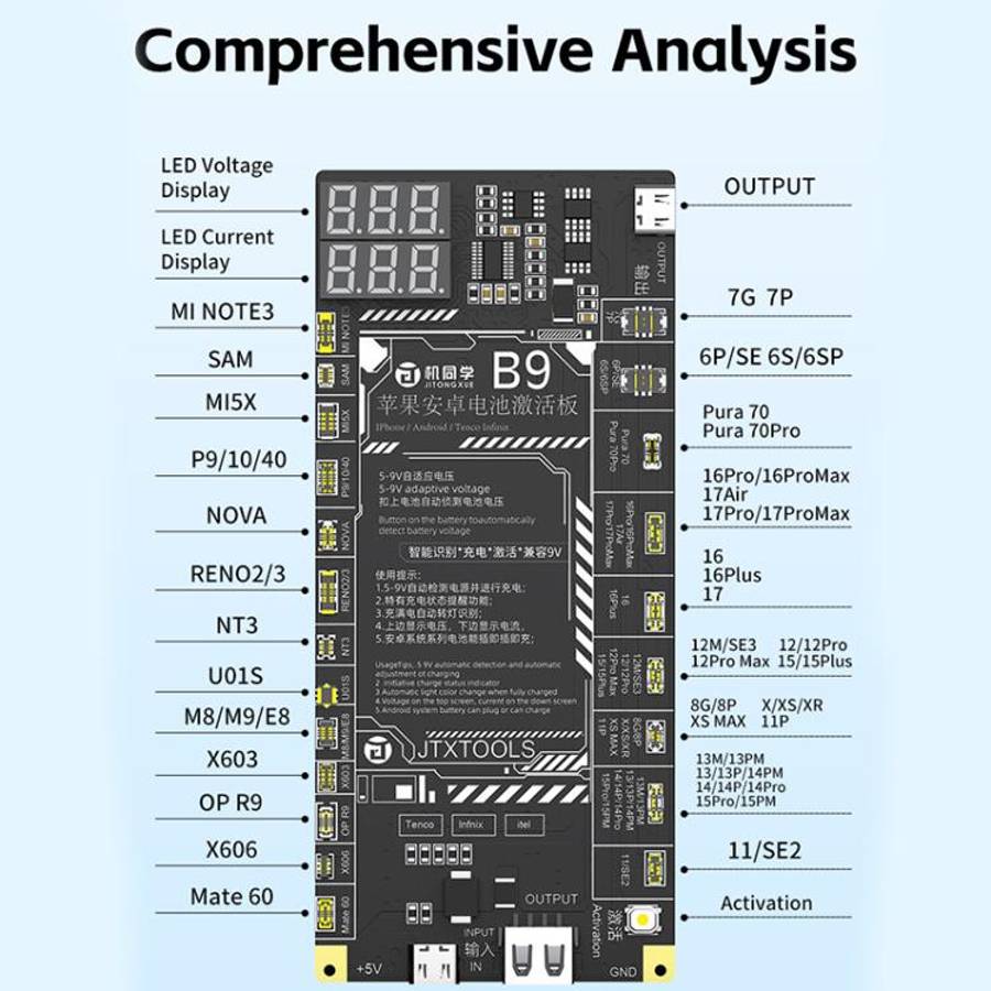 JTX B9 5-9V Battery Charging Activation Board for iPhone 6S-17 Pro Max (without 16e) & Android, J...