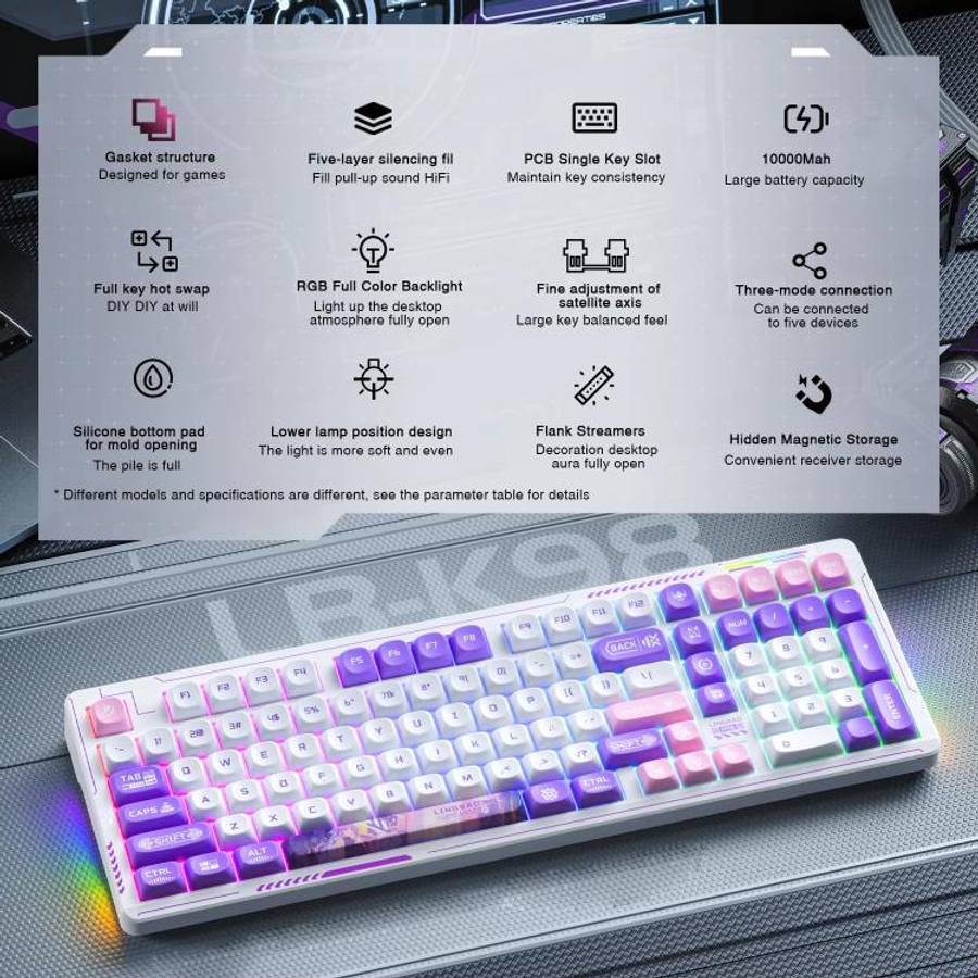 LINGBAO K98 101 Keys Triple-mode Wireless Game Keyboard, Black Pink-Grey Wood Axis V4-Korean, Blu...