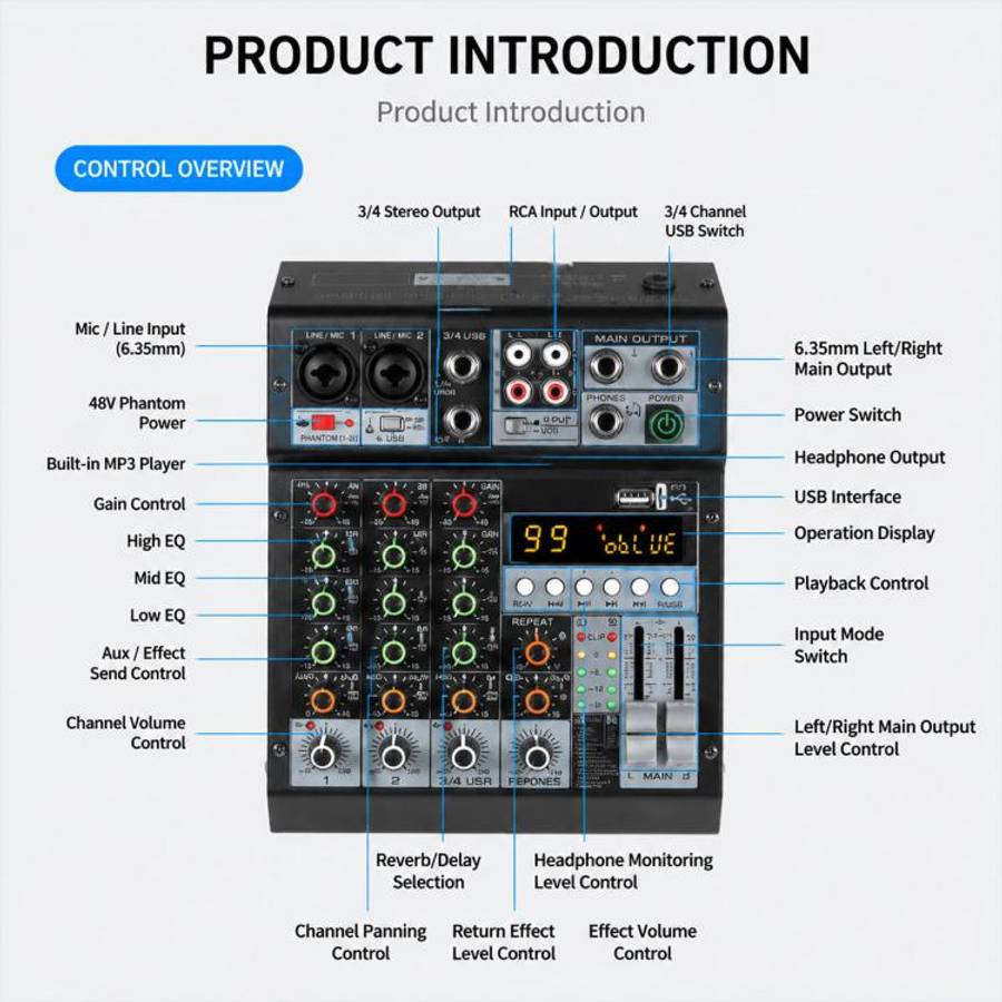 TP-6M 6-Channel Multi-function Professional Recording Mixer Bluetooth Sound Card, EU Plug, UK Plu...