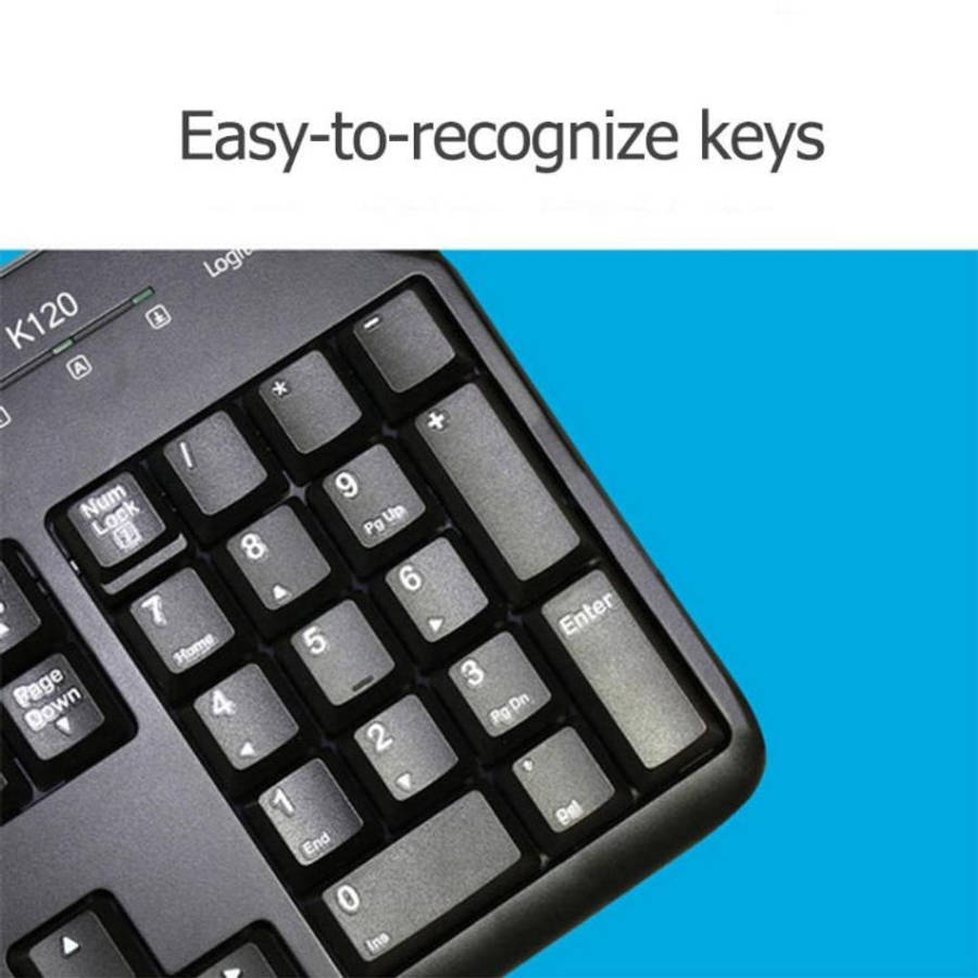 Logitech K120 USB Waterproof Splash Wired Keyboard for Desktop Computers / Laptops, Logitech K120