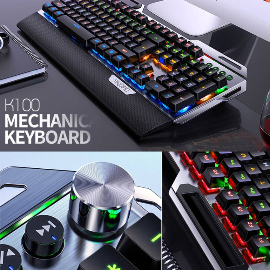 YINDIAO K100 USB Metal Mechanical Gaming Wired Keyboard, Mixed Light Blue Shaft