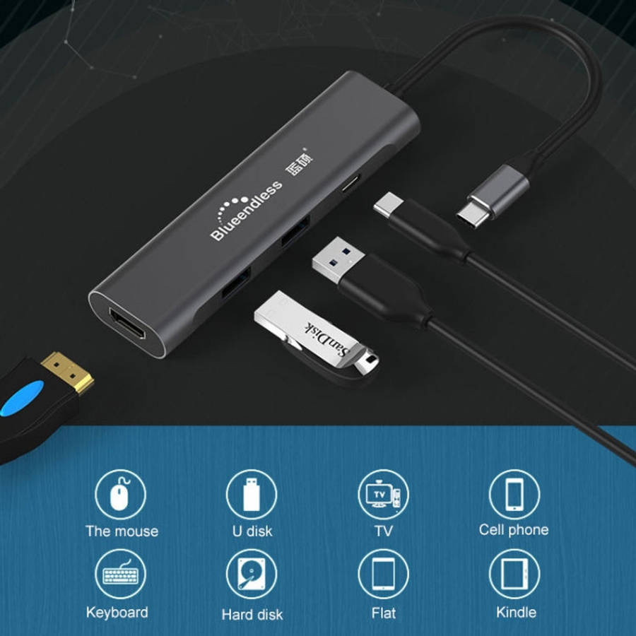 Blueendless 4 In 1 Multi-function Type-C / USB-C to HDMI + PD + Dual USB 3.0 HUB Expansion Dock, ...