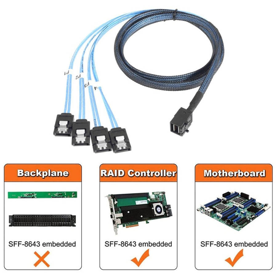 Mini SAS SFF-8643 Host to 7-Pin 4 SATA Target Hard Disk 6Gbps Data Server Raid Cable, Length: 1m,...