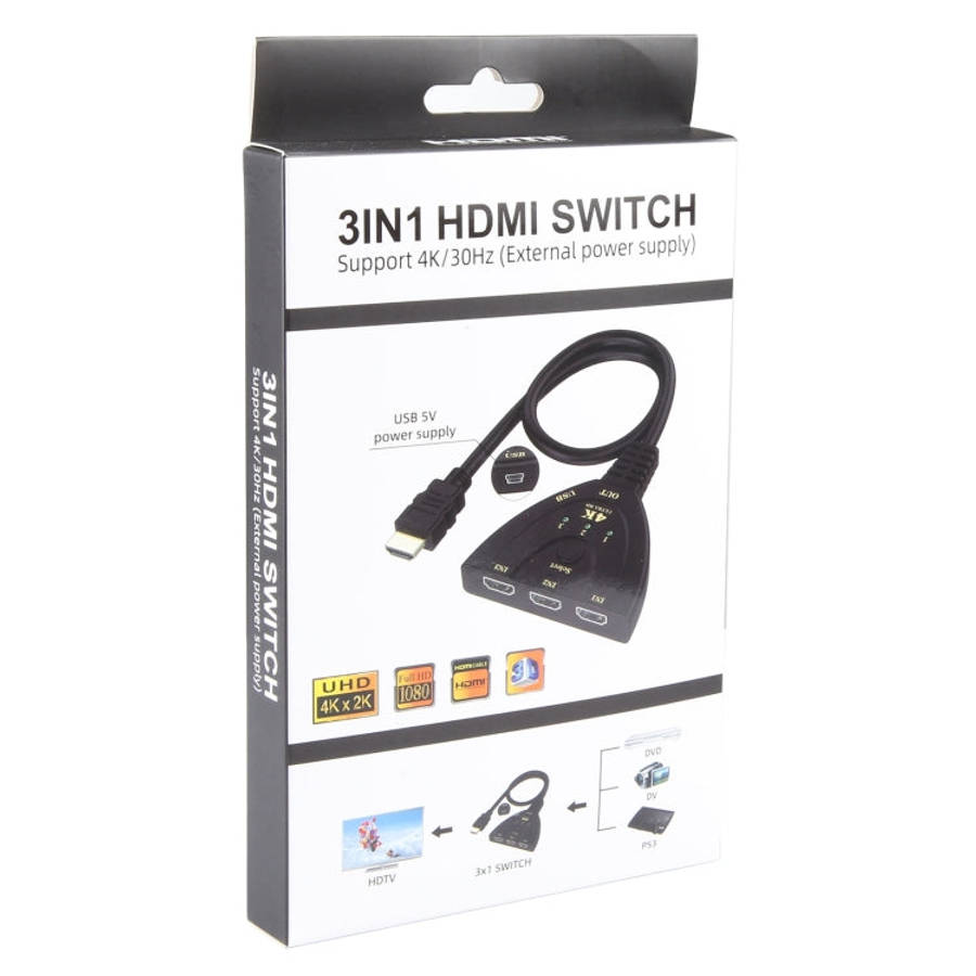 3 x 1 4K 30Hz HDMI Switcher with Pigtail HDMI Cable, Support External Power Supply, External Powe...